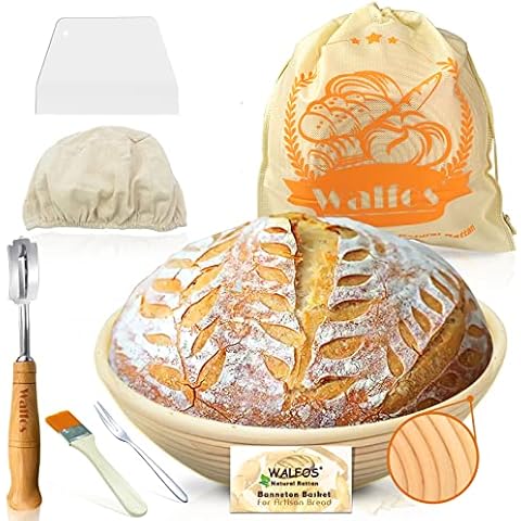 Banneton Proofing Basket Set - Walfos 23cm Round Sourdough Bread Basket, 100% Natural Rattan Bread Proofing Basket, Bread Lame, Dough Scraper, Cloth Liner, Storage Bag, Cleaning Brush & Bread Fork Cover