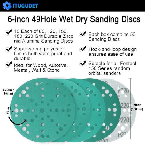 Image of 6 Inch 49 Hole Wet Dry Sanding Discs -P80-220 Assortment - 50 Pack
