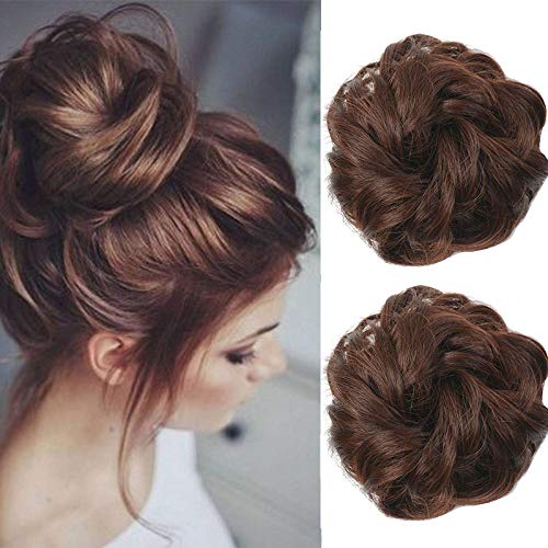 Moshina 2pcs Hair Bun Chignons-Wavy Curly Ponytail Hair Extension-Messy Donut Chignons Hair Updo-Wedding Bridal Hairpiece (Chestnut brown)