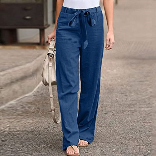 YOLAI Womens Cotton Linen Long Pant Elastic Waist High Waist Casual Trousers Drawstring Straight Leg Pant (Blue, XXL)2