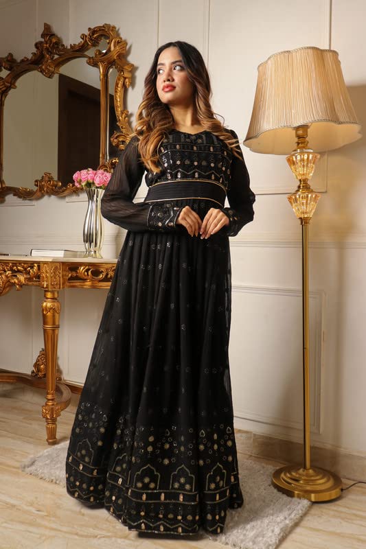 Image of Vidraa Fashion Black Embroiderred Georgette Gown / V216 P New