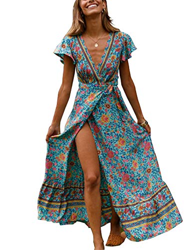 Naliha Vestidos De Playa para Mujeres Floral Wrap High Slit Vacaciones Cóctel Maxi Vestido Azul S Cover
