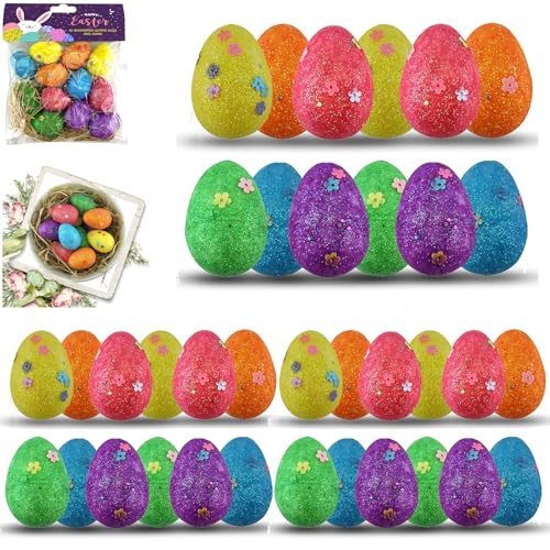 SRVertex Set di 36 uova pasquali glitterate con erba, in polistirolo, fatte a mano, per decorazioni fai da te (36 uova con erba)