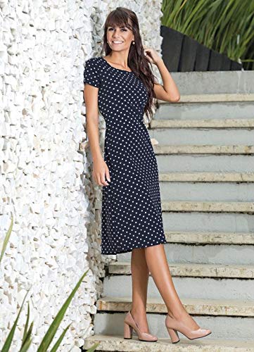 Vestido Moda Evangélica Midi De Festa Madrinha Manga Curta (Azul, P)