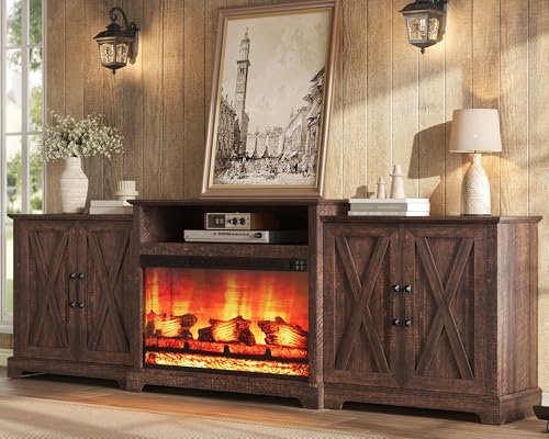 Image of AMERLIFE 97 inch Large Fireplace TV Stand for TVs up to 110 inch, Farmhouse Entertainment Center with 33 inch Electric Fireplace, Media Console with Storage Cabinets & Adjustable Shelf, Rustic Brown