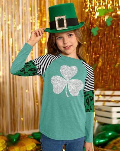 Image of BesserBay Girls St Patrick's Day Raglan Shirt Irish Sequin Lucky Stripe Shamrock Graphic Top 4-14 Years