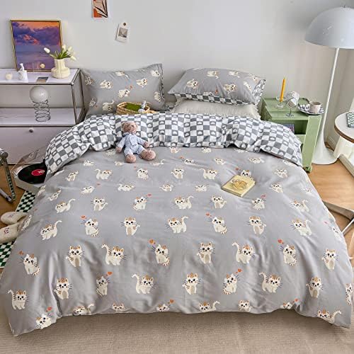 LAYENJOY Cats Duvet Cover Set Twin 100% Cotton Bedding Cartoon White Orange Cat Heart Pattern on Gray Grey 1 Cute Animals Comforter Cover with Zipper Closure 2 Pillowcases for Kids Teens Boys Girls