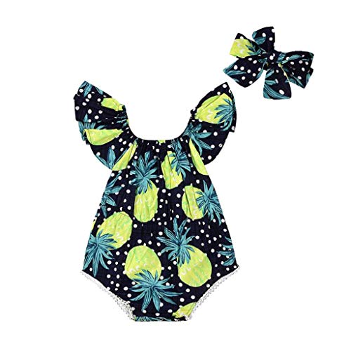 SHOBDW Girls Clothing Sets, Newborn Baby Girl Cotton Lattice Bowknot Clothes Bodysuit Romper Jumpsuit Outfit Set (6-12 Months, 52-Pineapple)