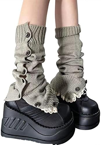 BIFPAST Leg Warmers Harajuku with Lace Button Knit Harajuku Japanese Style Kawaii Lolita Gothic Flared and Loose Fit Knit Long Leg Warmers Loose High Socks (Grey)