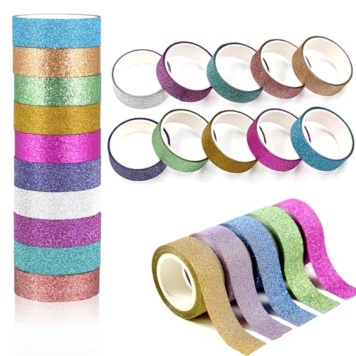Glitzer Washi Tape,10 Rollen Washi Tape Set 1,5 cm * 3M Metallic Color Photo Washi Tape DIY Papierklebeband Klebeband Glitzer für Kunsthandwerk,Scrapbooking Zufällige Farbe