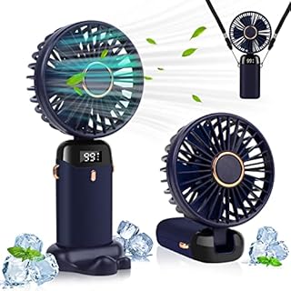 LYMYBETY Portable Handheld Fan, 4000mAh Mini USB Rechargeable Fan with Digital Display, Small Personal Pocket Fan with 5 Speeds, Foldable Desk Fan with Lanyard and Base for Home Travel Outdoor (Blue)