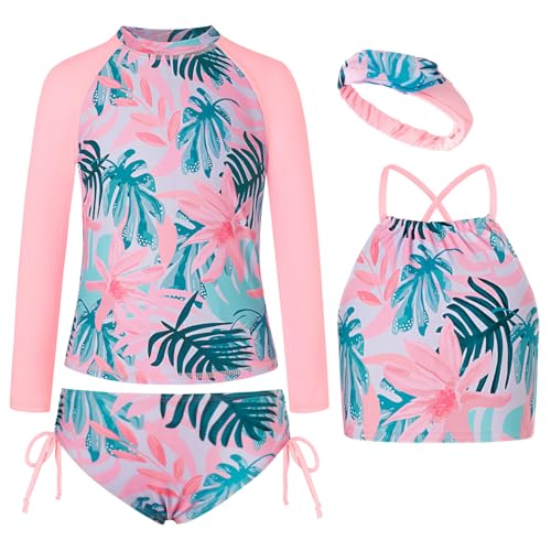 Image of GRACE KARIN Girls Swimsuit Tankini Set Rash Guard Long Sleeve Swimsuit 4 Piece Bathing Suit Swimwear 5-14Y