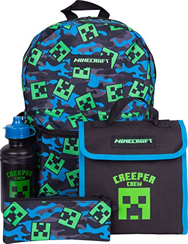 Sac à dos 4 pièces pour enfants Minecraft avec sac à déjeuner, bouteille d'eau et trousse à crayons, Noir , M