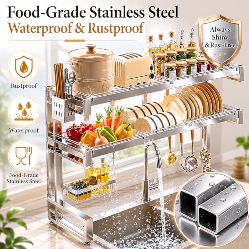 Image of COMFYHOME Stainless Steel Over the Sink Dish Drying Rack for Kitchen-Sturdy Stable, Rust-Proof Durable Features Cutting Board Holder, Knife Rack, and Storage Basket; Ideal for Dish Drainer Large Size