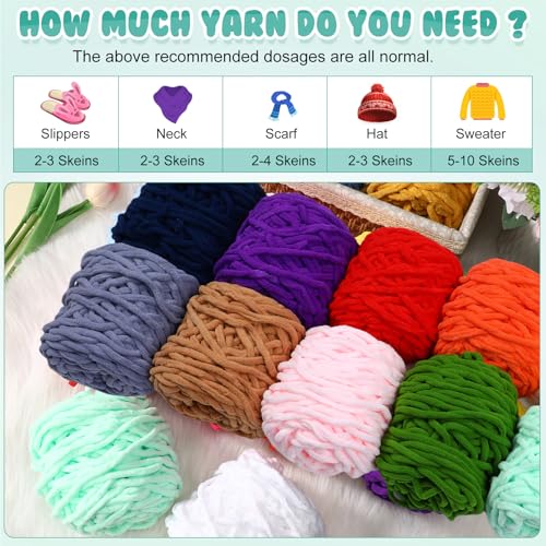 Image of Buryeah Chunky Chenille Yarn for Crocheting Soft Thick Fluffy Yarn for Hand Knitting Bulky Velvet Blanket Plush for Weaving DIY Crafts Each 3.5 oz 55 Yards(Classic Colors,12 Pack)