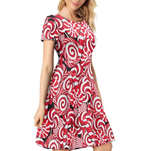 Image of POLERO Women Puffy Swing Elegant Party Midi Dresses Short Sleeve Round Neck A-Line Dress