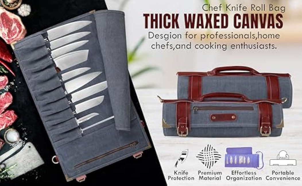 Leather Knife Roll Bag ¨C Chef Knife Bag with 14 Pockets ¨C Durable Canvas & Leather Knife Roll for Professional Chefs ¨C Portable Knife Storage Case