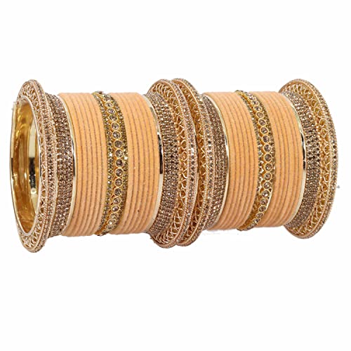 Image of NMII Non-Precious Metal with Base Metal and Studded with Zircon Gemstone Glossy Finished Traditional Velvet Bangle Chuda set for Women and Girls