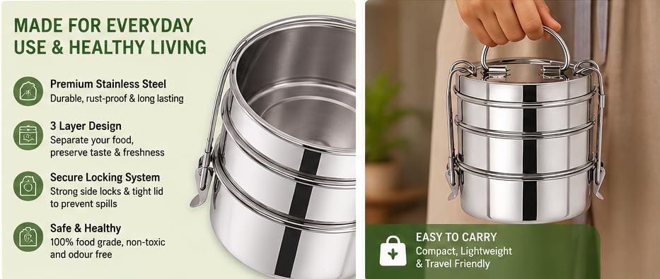 Image of BLeaf Stainless Steel Lunch Box /Tiffin Box for Office, School & Travel | 3 Layer Leak Resistant Food Grade Tiffin Carrier with Handle | Rust Proof & Dishwasher Safe | 650 ML Capacity