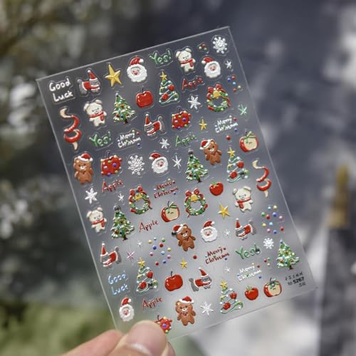Image of Christmas Nail Stickers Decals Bear Nail Stickers for Nails Art Xmas Tree Nail Decals 5D Embossed Self Adhesive with Design Apple Nails Art Decals for Women Girls Kid Manicure DIY Decoration