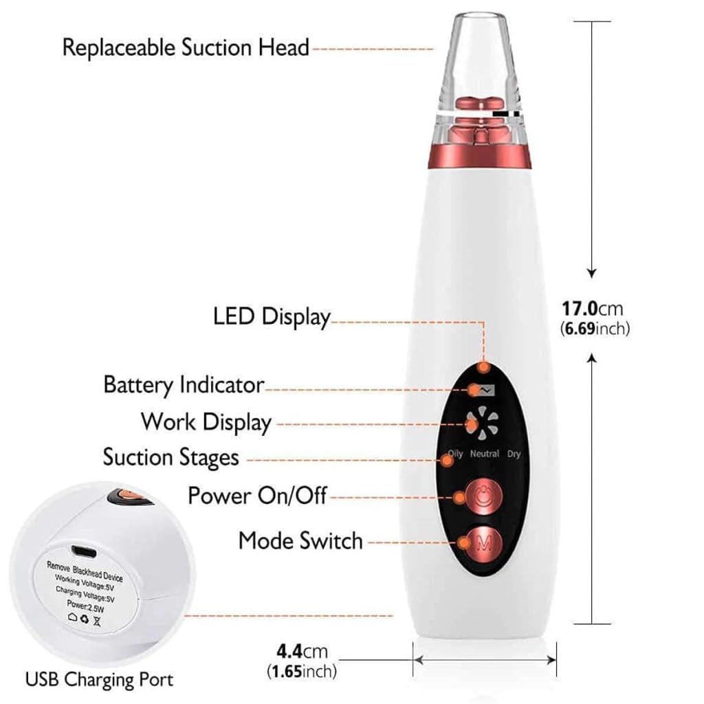 NIYANETAIL 6-in-1 Derma Suction Blackhead Remover Machine | Electric Pore Vacuum Cleaner for Face | Rechargeable Skin Care Tool for Women & Men | Personal Facial Cleansing Device