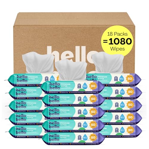 Image of Hello Bello Premium Fragrance-Free Baby Wipes, with Chamomile & Aloe Extracts for Sensitive Skin - 18 Resealable Packs = 1080 Total Wipes