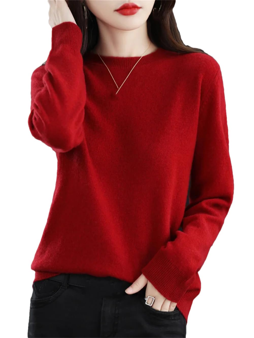 Maglione da donna in 100% lana merino, tinta unita, a girocollo, a maniche lunghe, morbido