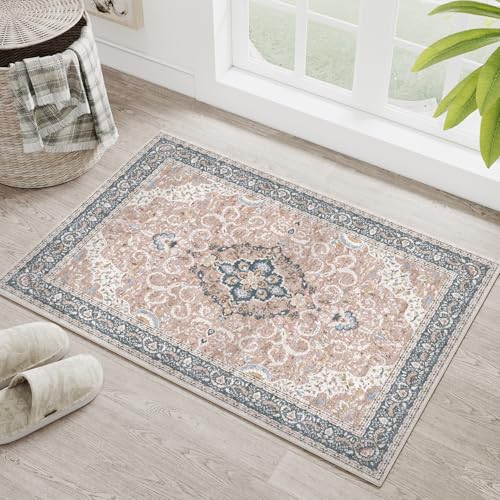 PureCozy Beige Entryway Rug 2x3 Vintage Area Carpet Indoor Kitchen Washable Door Mat Living Room Entrance Small Low Pile Traditional Distressed Retro Accent Throw Rug Non Slip Office Bathroo