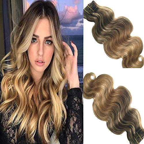 16 Inch Clip in Human Hair Extensions Body Wave Double Weft Brazilian Hair Medium Brown Fading to Golden Brown and Strawberry Blonde Highlighted 120g 8pcs Per Set 100% Human Remy Curly Hair Full Head