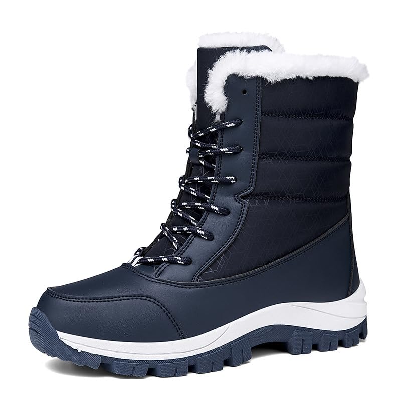 Womens Waterproof Winter Snow Boots Mid Calf Furry Fur Lined Anti Slip Comfortable Walking Hiking Warm Lightweight Boots