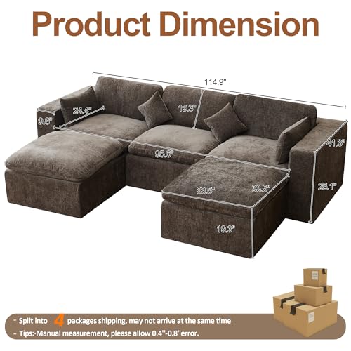 Image of 115'' Cloud Boneless Sectional Couch, Modular Sectional Sofa Deep Seat with 2 Ottomans, Oversized Upholstered Convertible Comfy 5 Seater Chenille Sofa U Shape Couches for Living Room, Brown