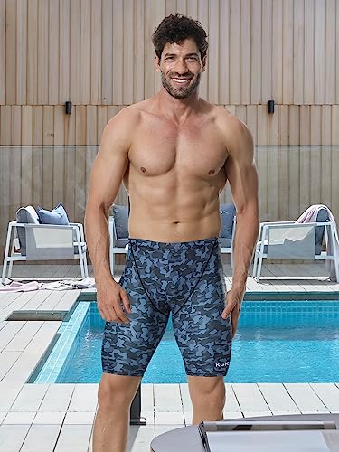 K898 Men's Swim Jammers UPF50+, Swim Training Printed Jammer Swimsuit Endurance Compression for Men (Grey Camo-WF, XL)