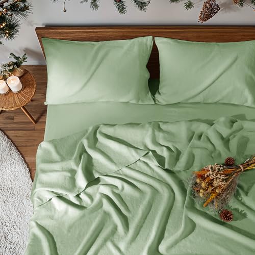 Image of 100% Pure Linen Sheet Set for Hot Sleepers, Breathable Natural Linen Sheets 4pcs, Bedding Set Deep Pocket Up to 16 inch Moisture-Wicking, Softens with Every Wash (Green King)