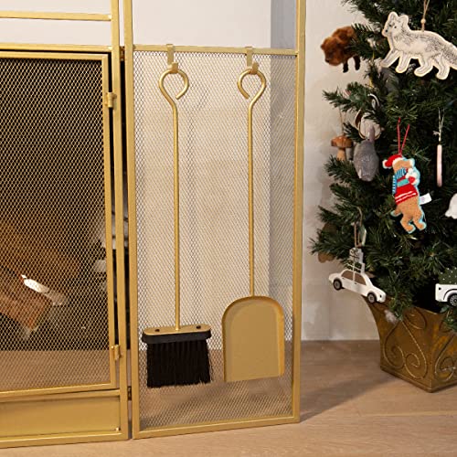 Image of Barton 48 inch Fireplace Screen 3-Panel Folding Magnetic Doors with 4-Pieces Fire Place Tools Set Steel Fire Spark Guard, Gold