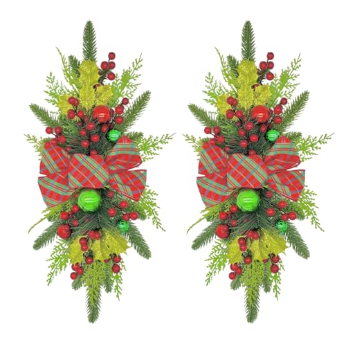 Fofetbfo 2Pcs Artificial Christmas Teardrop Swags, Christmas Stairs Swag, Christmas Swags Christmas Staircase Garland, Xmas The Cordless Stairway SwagTeardrop for Wall Window Stair