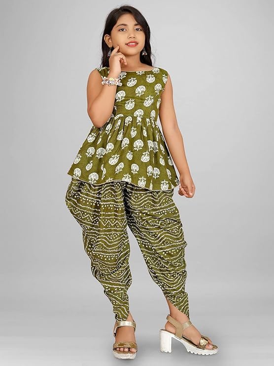Image of Suhana Fashion Girls Dress Girls Cotton Kurti Top with Dhoti Kurta Set & Dupatta