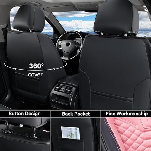 Image of Coverado Seat Covers Full Set, Waterproof Nappa Leather Seat Covers for Cars, 5 Seats Universal Car Seat Protectors, Black and Pink Leather Car Seat Covers Car Seat Cushions Fit for Most Cars