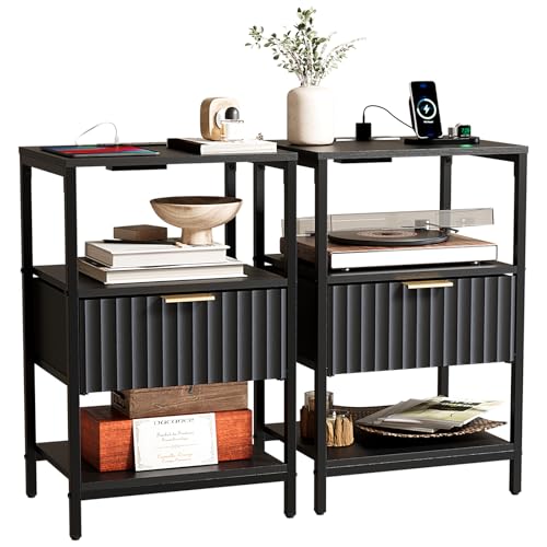 Image of Bonnlo Fluted Nightstand Set of 2, End Table with Fabric Drawer with Charging Station, Night Stand with Storage Shelf & Handle, Fluted Side Table for Bedroom /Living Room,Black