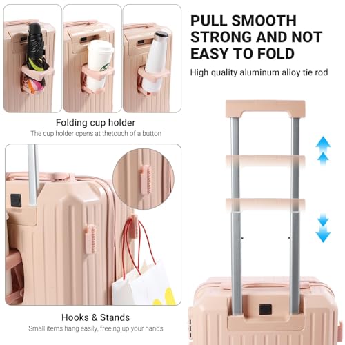 Luggage Set 3 Piece with Cup Holder and USB Charging Port, Hard Side Carry-on Luggage with Spinner Wheels, Lightweight Luggage for Travel, Business (Pink+Bag, Carry-On 20-Inch)3
