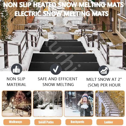1/3/4/5 Pcs Snow Melting Stairs Walkway Mat, De-Icing Kit Non Slip Rubber Heated Mat w/Power Cord, 3in/h Speed Snow and Ice Heated Pad for Winter Outdoor Steps Doorways Drive, 4 Pcs-10in*48in
