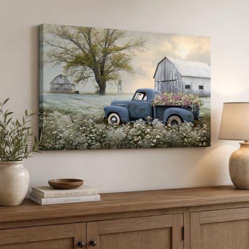 Farmhouse Old Truck Canvas Wall Art, Old Barn Pictures Wall Art, Country Antique Pickup Truck Canvas Prints, Blue Truck With White Floral Flower Art Prints for Farmhouse Spring Decor 12"Hx18"W Inches