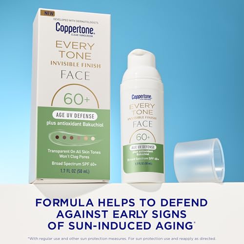 Image of Coppertone Every Tone Invisible Finish Age UV Defense Face Sunscreen SPF 60+ with Bakuchiol, Lightweight, Blends in Clear Sunscreen for All Skin Tones, 1.7 Fl Oz Pump Bottle