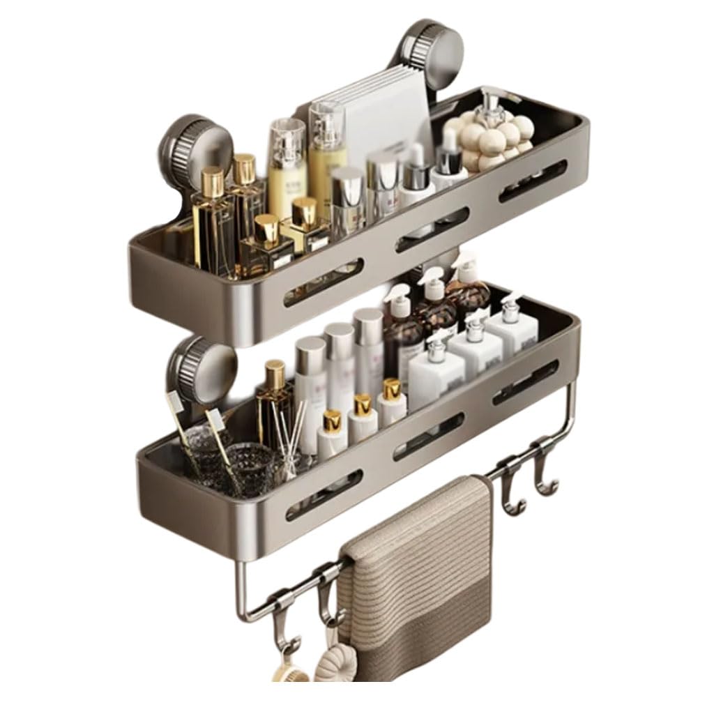 Duschablage Ohne Bohren mit Handtuchständer, Badezimmer Organizer Wandregal mit Haken, Aluminium Duschregal für Waschbecken Küche,2etage,40cm
