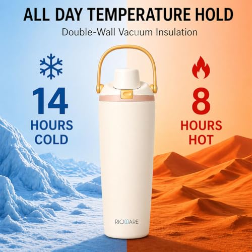 Image of Rioware 900ml Vacuum Insulated Stainless Steel Tumbler with Flip Cap | 304 Grade Steel | 8 Hrs Hot & 14 Hrs Cold | Leakproof Travel Coffee Mug | Large Capacity Water Bottle with Handle| BPA Free Cream