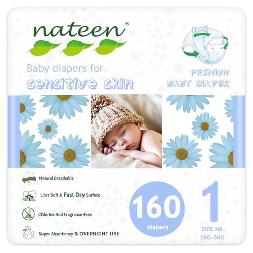 Image of Nateen Premium Baby Diapers, Overnight Use Disposable Diapers for Sensitive Skin, Ultra Thin Diapers with Comfortable Fit. Size 1 (Newborn), 160, Count.