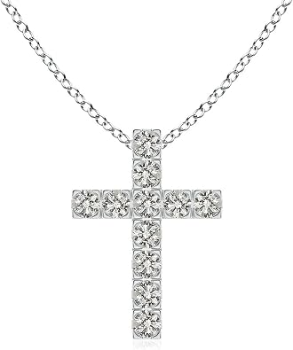 Angara Flat Diamond Cross Necklace in 14K Solid Gold/Platinum | Natural Prong-Set Diamond Pendant for Women | April Birthday, Anniversary Jewelry Gift
