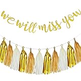 El paquete incluye: recibirá 1 pancarta "We Will Miss You" y 15 borlas de papel en total, cantidad adecuada y una combinación agradable para que pueda preparar una fiesta de jubilación impresionante