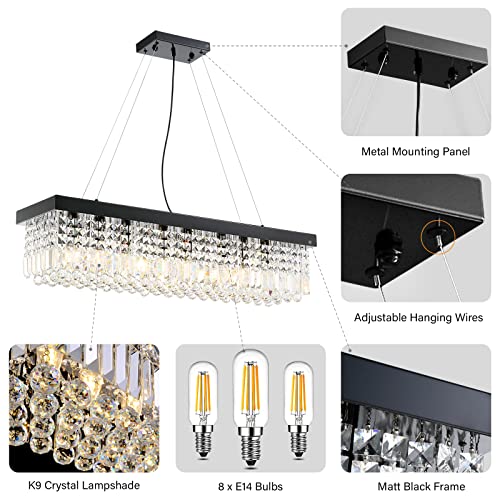 Siljoy Modern Crystal Chandeliers Rectangular, 40" X 10" X 10" Raindrop Chandelier Kitchen Island Light Fixture, Ceiling Chandelier For Dining Room Black #TOP1