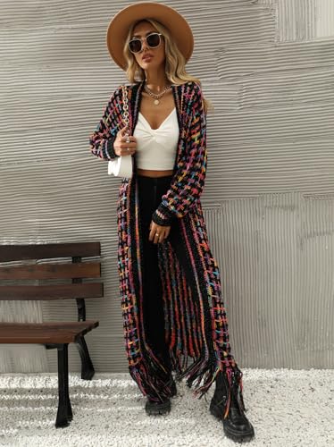 Womens Cardigan Maxi Long Boho Sweater Aztec Open Front Fringed Tassels Jacket Outwear3