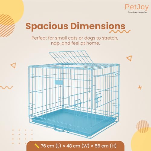 Image of PETJOY Foldable Metal Dog Cage | Dog Crate Kennel for Puppies, Small Dogs, Cats & Rabbits | Single Door with Secure Lock, Removable Leak-Proof Tray | Portable & Easy to Clean Pet Cage (Blue, 30 INCH)